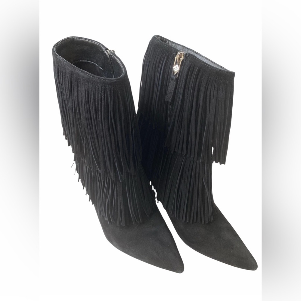 Sam Edelman Black Suede High Heeled Fringed Booties Size 8.5